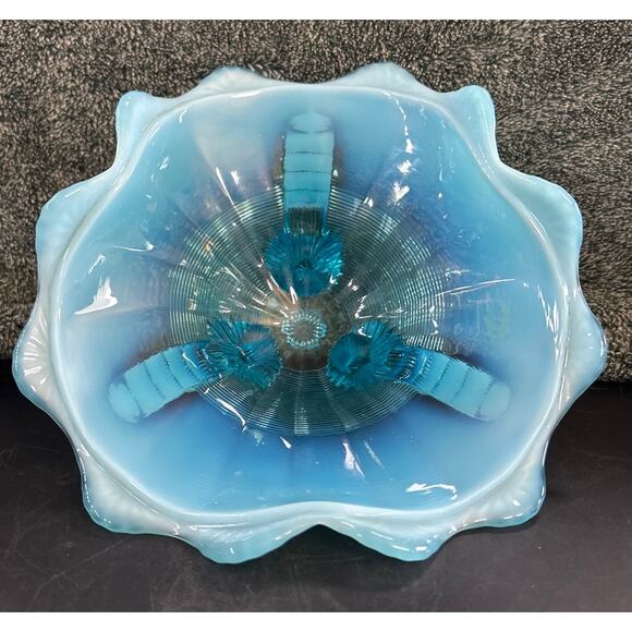 Stunning Opalescent Blue Northwood Glass Klondike Pattern Footed Bowl Antique - Picture 2 of 8